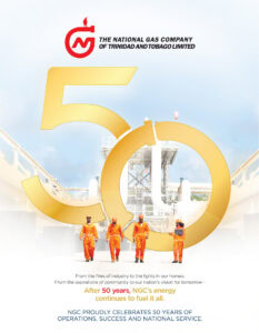 Four workers in orange uniforms walk in front of industrial infrastructure, with a large gold "50" and the National Gas Company of Trinidad and Tobago Limited logo above them. NGC