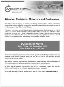 Notice announcing road closure and maintenance work for a submarine cable at Guayaguayare Bay on September 19, 2015, with details on location, timing, and contact information. NGC