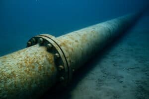 A large, rusted metal pipeline rests on the sandy seabed underwater, showing bolts and a flange joint. NGC