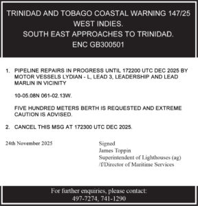 Maritime warning notice about pipeline repairs near Trinidad and Tobago until December 2025; caution advised due to vessel activity; contact details provided below. NGC