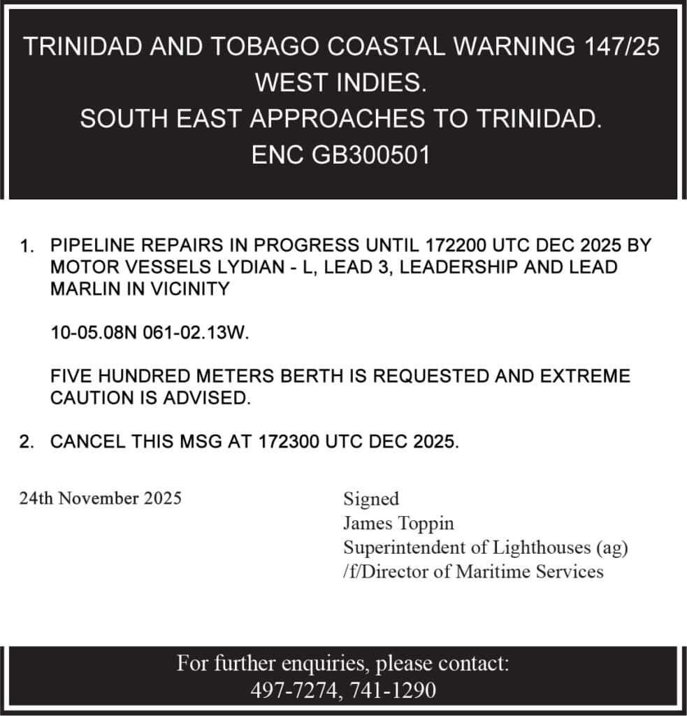 Maritime warning notice about pipeline repairs near Trinidad and Tobago until December 2025; caution advised due to vessel activity; contact details provided below. NGC