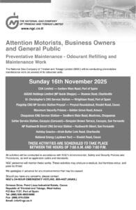 A black and white public notice from the National Gas Company of Trinidad and Tobago about odourant refilling and maintenance scheduled for November 16, 2025, listing affected locations. NGC